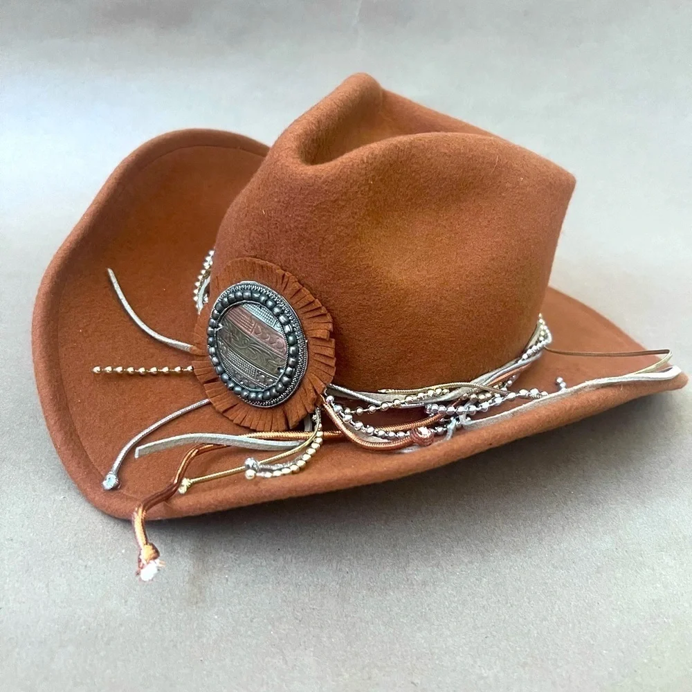 Sonni Rustic Brown With Medallion Detail 100% Wool Felt Cowboy Hat Western Hat
